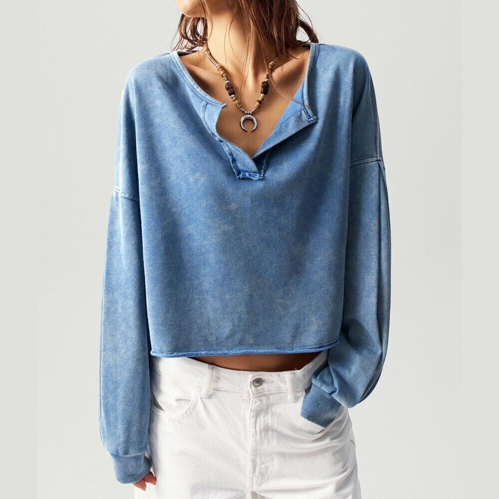 Blue Acid Wash Notched Collar Cropped Henley Sweatshirt